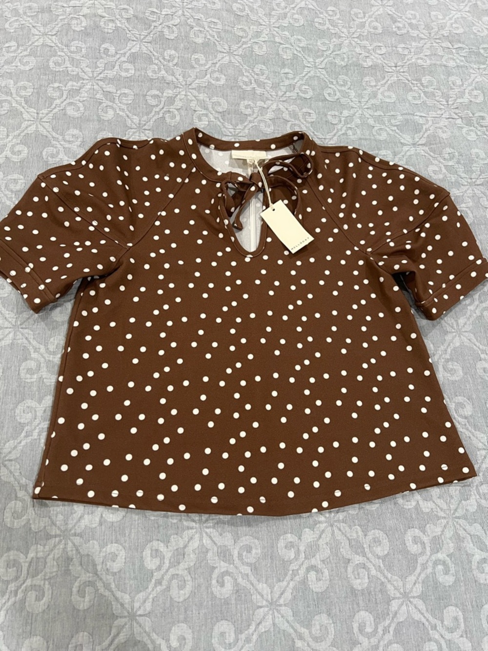 MELLODAY Brown & White Polka Dot Short Sleeve Tie-Neck Tee